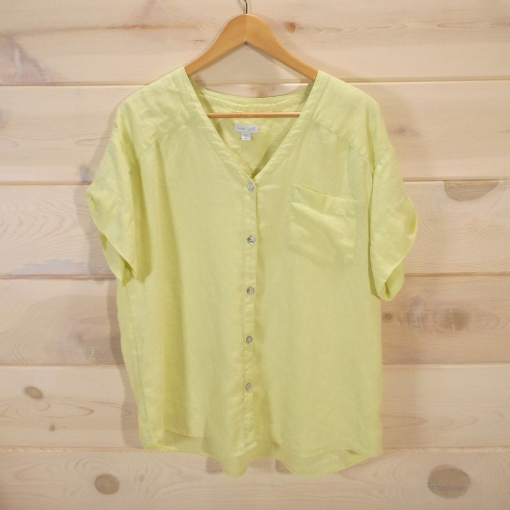 J Jill Love Linen Shirt Women's Small S Button Up Short Sleeve V Neck Pocket